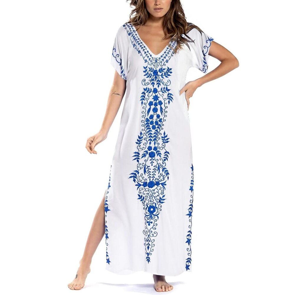 Busbseach Caftan Dresses for Women Embroidery Short Sleeve Beach Cover Up V Neck